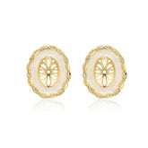 14K Gold Tribal Decorated Oval Earrings Ivory / Clip On